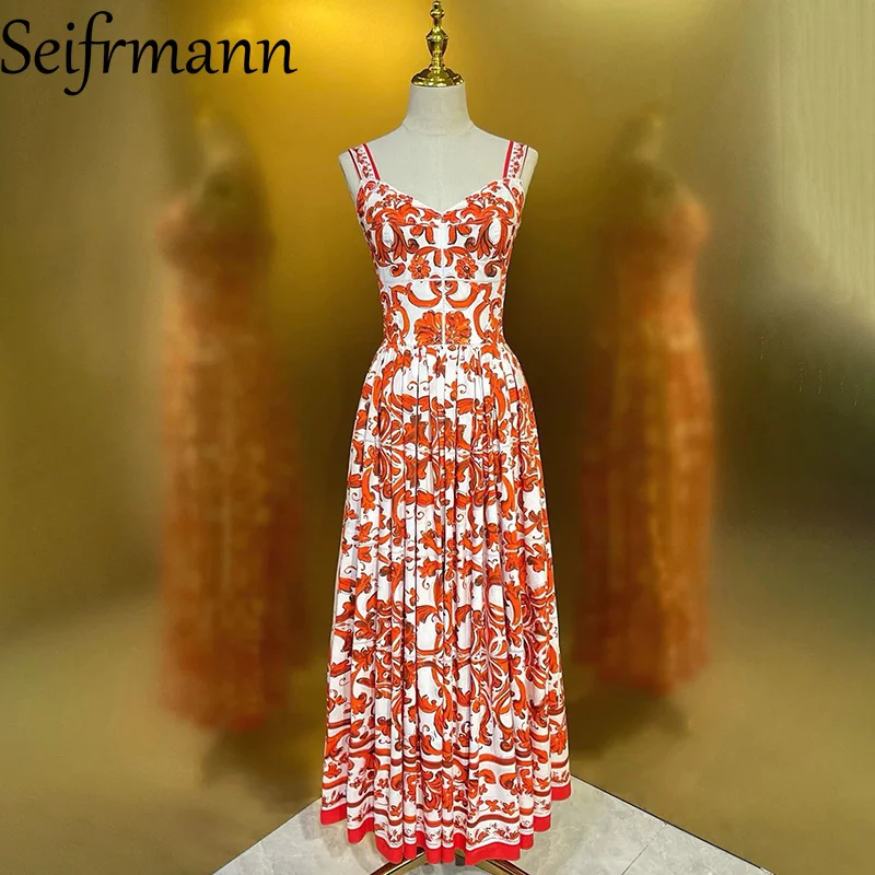 Seifrmann Casual printed cotton suspender dress square neck sleeveless waist long dress 2026 summer women's new style