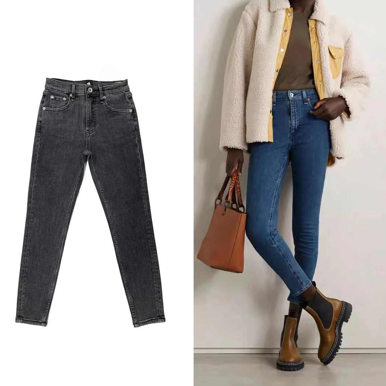 

Jeans For Women 2024 New Early Spring High Waist Skinny Solid Washed Cropped Ankle-Length Denim Runway Style High Quality