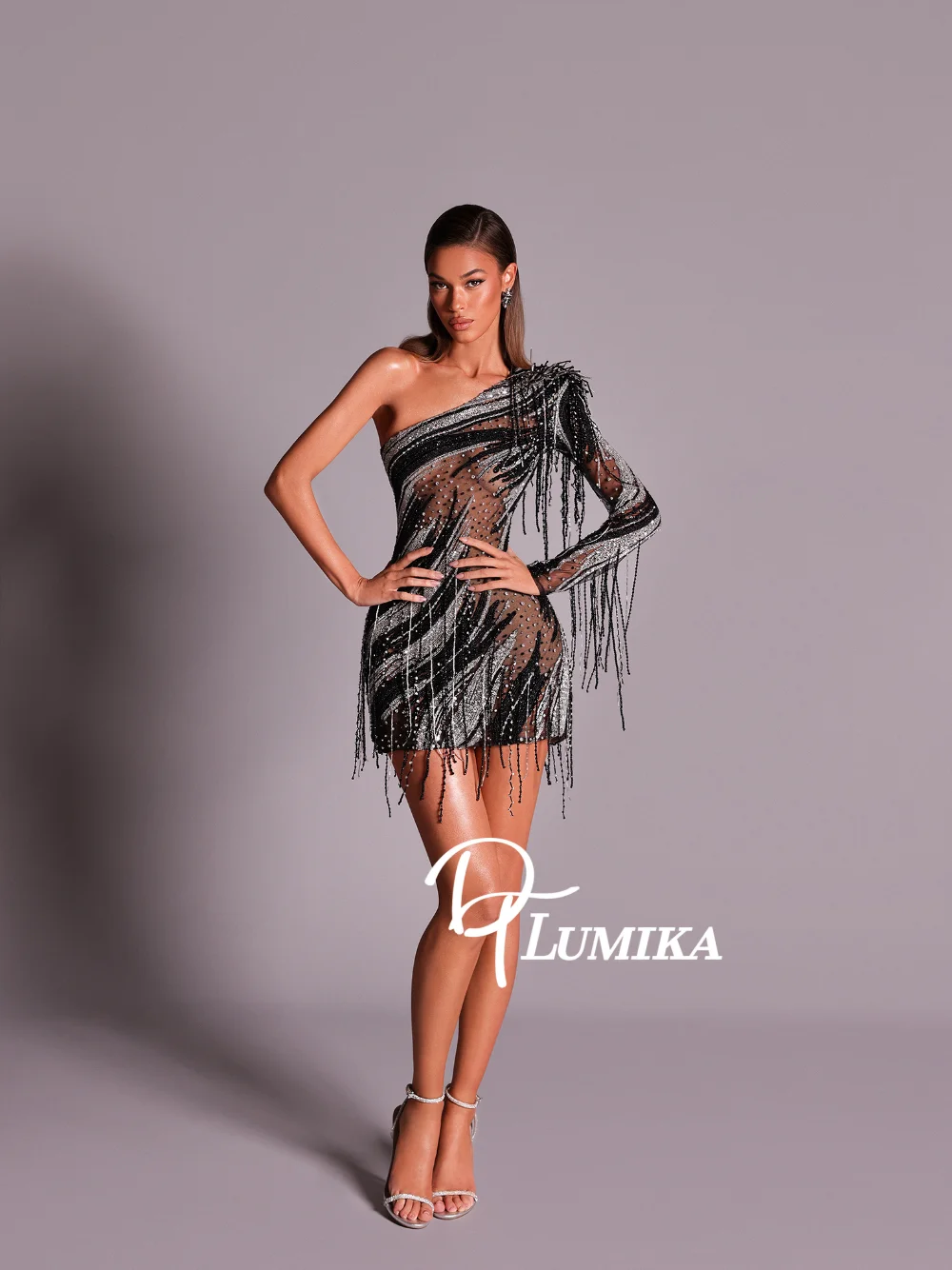 

Chic Tassel Beaded Short Evening Dress Illusion Shimmering One Shoulder Customized Cocktail Gown Beautiful Night Club Wear