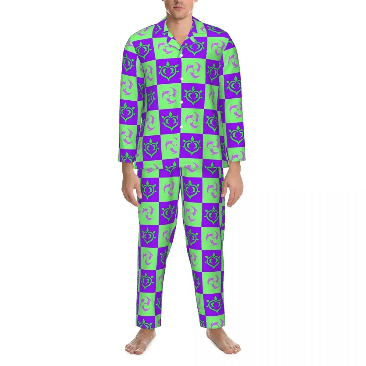 Genshin Impact Pajamas Man Catalyze Checkered Trendy Night Nightwear Autumn Two Piece Aesthetic Oversized Design Pajama Sets