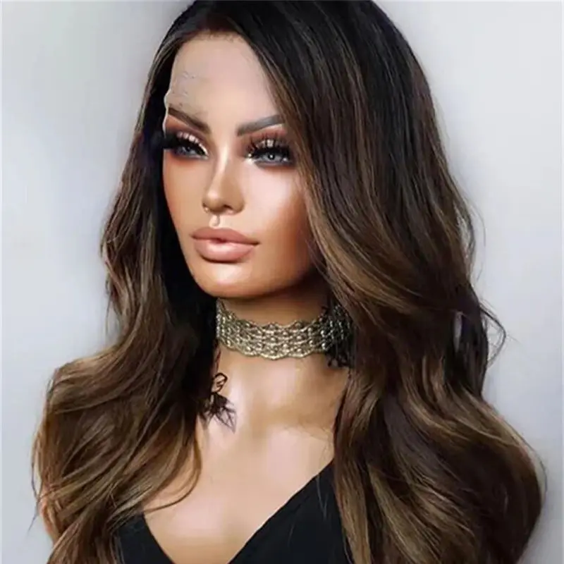 Perruque Lace Front Synthétique 13x4 Ombré Brun Foncé avec Mèches, Perruque Lace Front Originale d'Usine, Perruques Pas Chères en Promotion