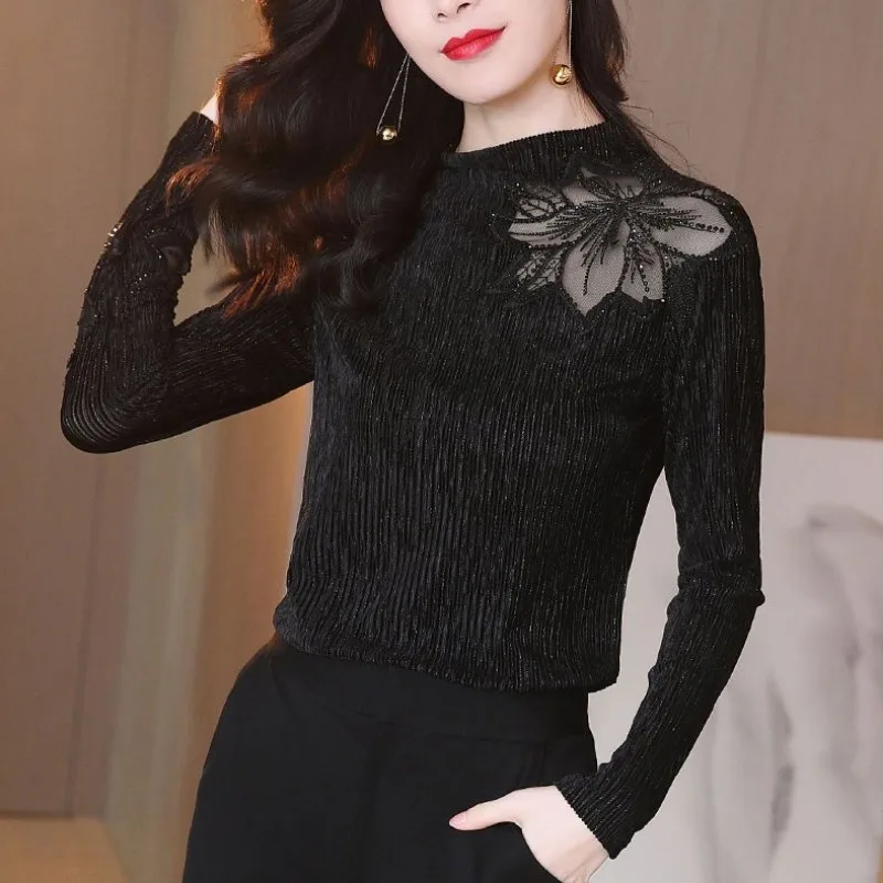 Black Top for Women Turtleneck 2024 Clothing Youth Mesh Woman T-shirt Korean Style Fine Elegant Tee 90s Vintage Novelties Tshirt