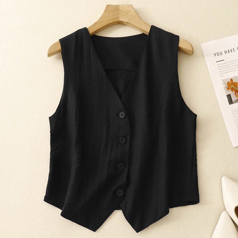 Retro linnen pakvest dames zomer losse svel open vest dunne katoenen linnen oulder pad bovenkleding top