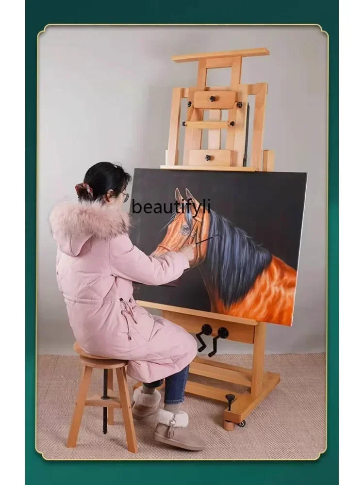 High-End Beech Wooden Solid Wood Double Rocker  Large Oil Painting Easel Floor Easel Can Be Tilted Forward and Backward