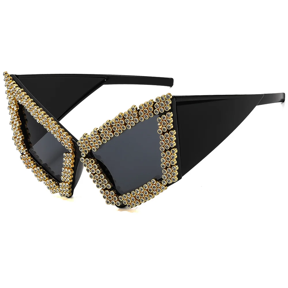 Oversized Futuristic Exaggerated Cat Eye Sunglasses Women Sparkling Gold Rhinestone Eyewear for Club Stage Performance Party