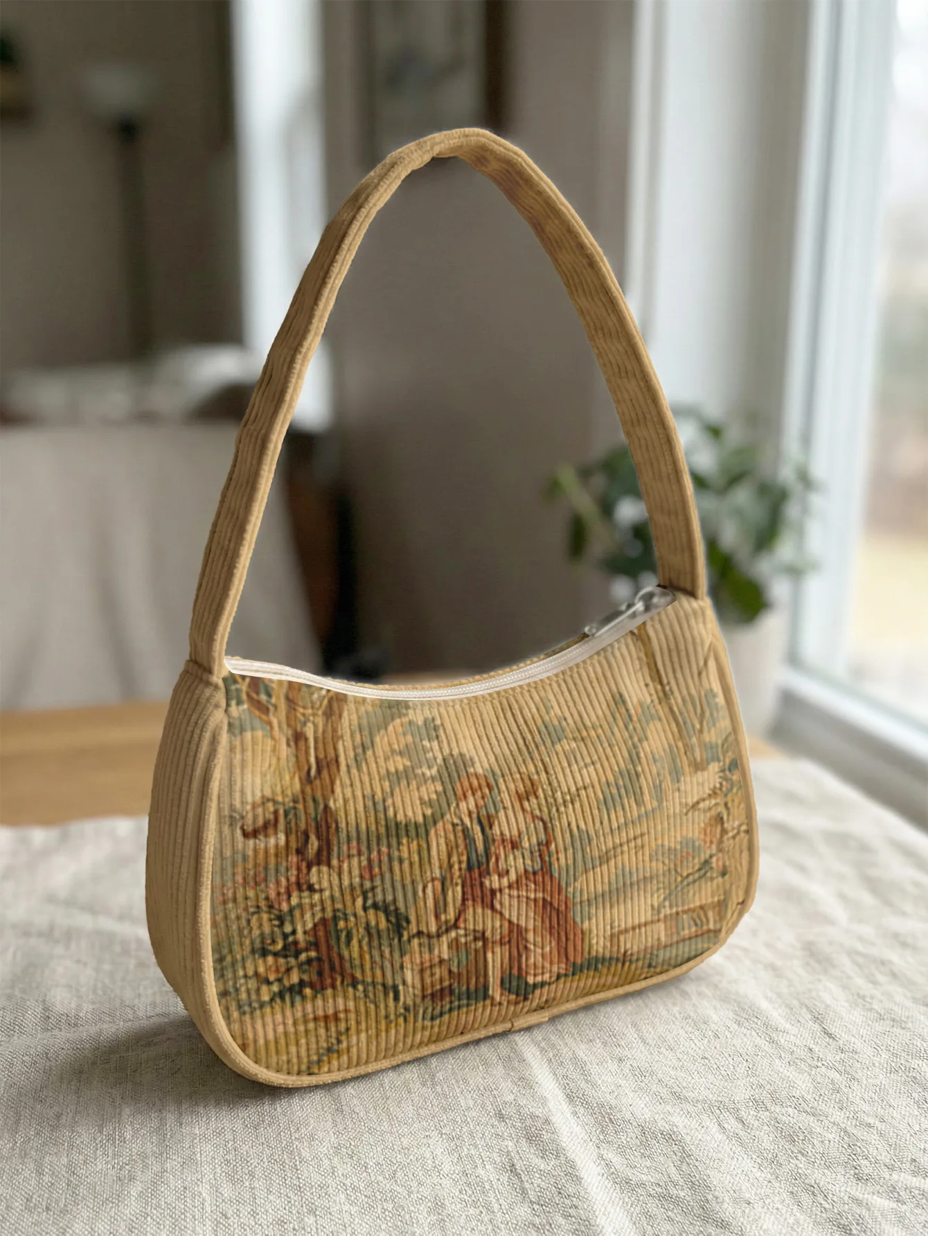 

Trendy Vintage Pastoral Tapestry Print Shoulder Bag, Beige Corduroy Underarm Bag for Daily Casual Use