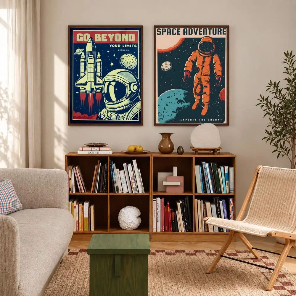 Retro Cosmic Space Illustration Retro Solar System Planet Space Astronaut Poster Self‑Adhesive Waterproof Wall Art Home Decor