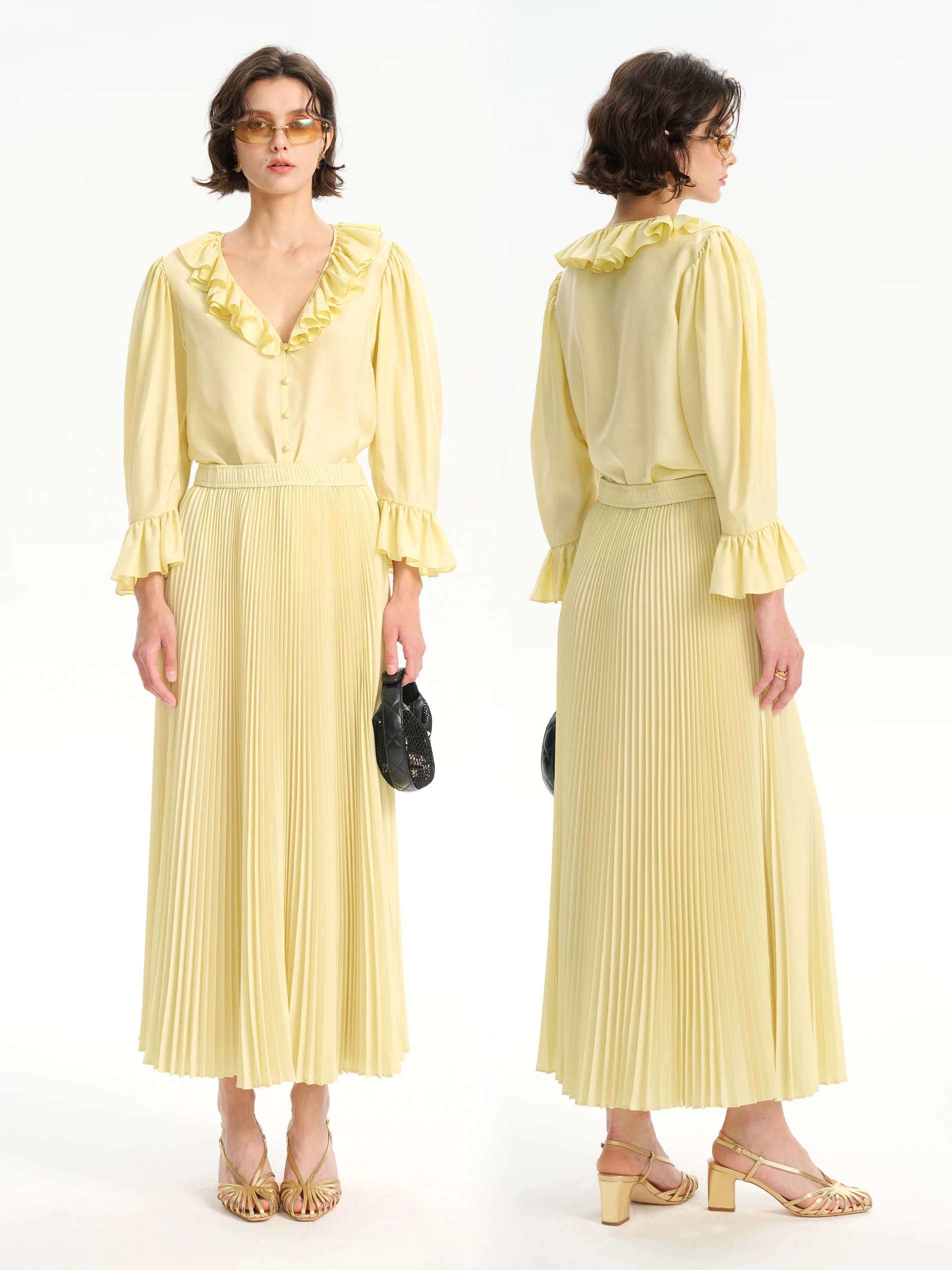 

YMAIMAI Moonlight Clear Lotus Двухслойная шелковая блузка с V-образным вырезом и рукавами-фонариками, свободного кроя, дышащая, летняя, женская