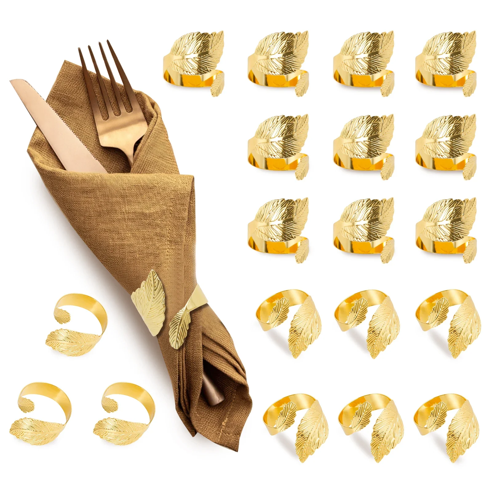 Gold Napkin Rings Set of 20, Metal Leaf Napkin Rings Cloth Napkin Holder for Weddings, Dinner Party, Banquet, Buffet Table Decor