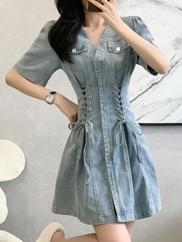 Vintage Summer Lace-Up New Short Sleeve Denim Dress Zipper-Fly Short Dresses Denim High Waist Casual A-Line Jeans Dress Street