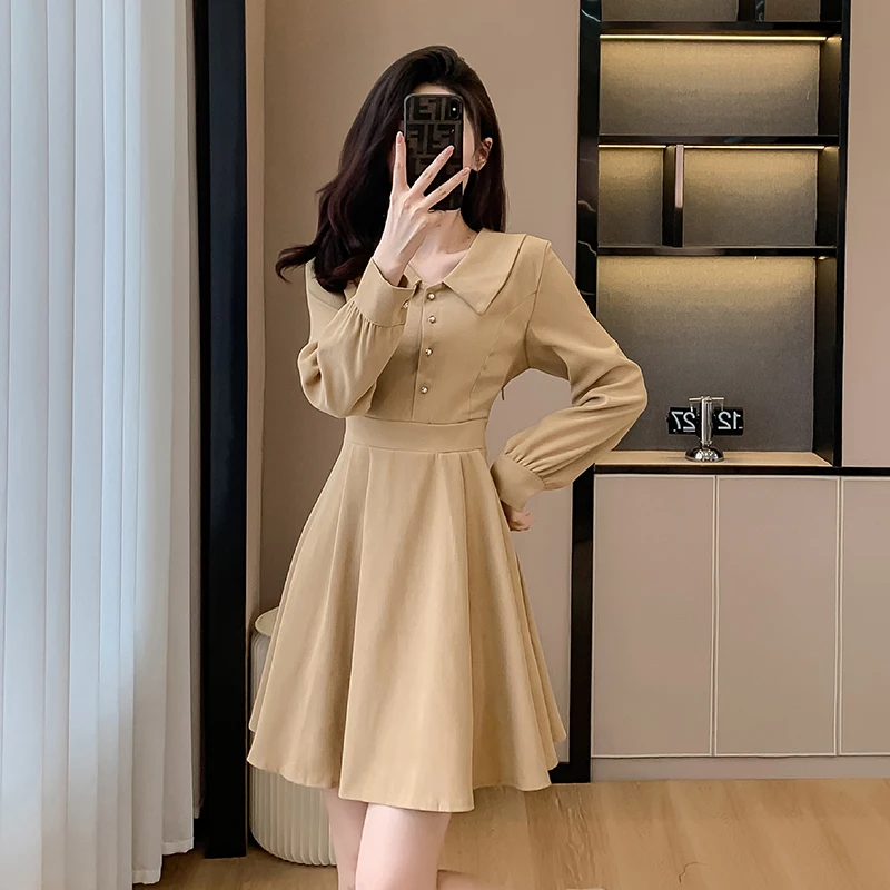 Spring and Autumn new women's doll collar French coffee color long-sleeved commuter casual dress high-waisted A-line skirt