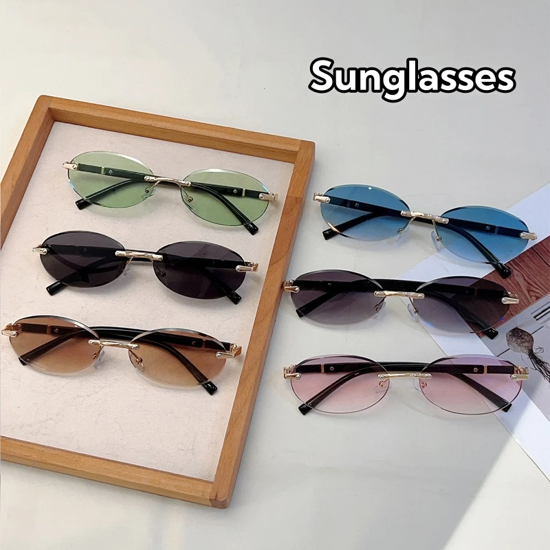 

Vintage Oval Women outdoor Sunglasses Fashion Brand Designer Rimless Clear Ocean Gradient Lens Shades UV400 Men Sun Glasses