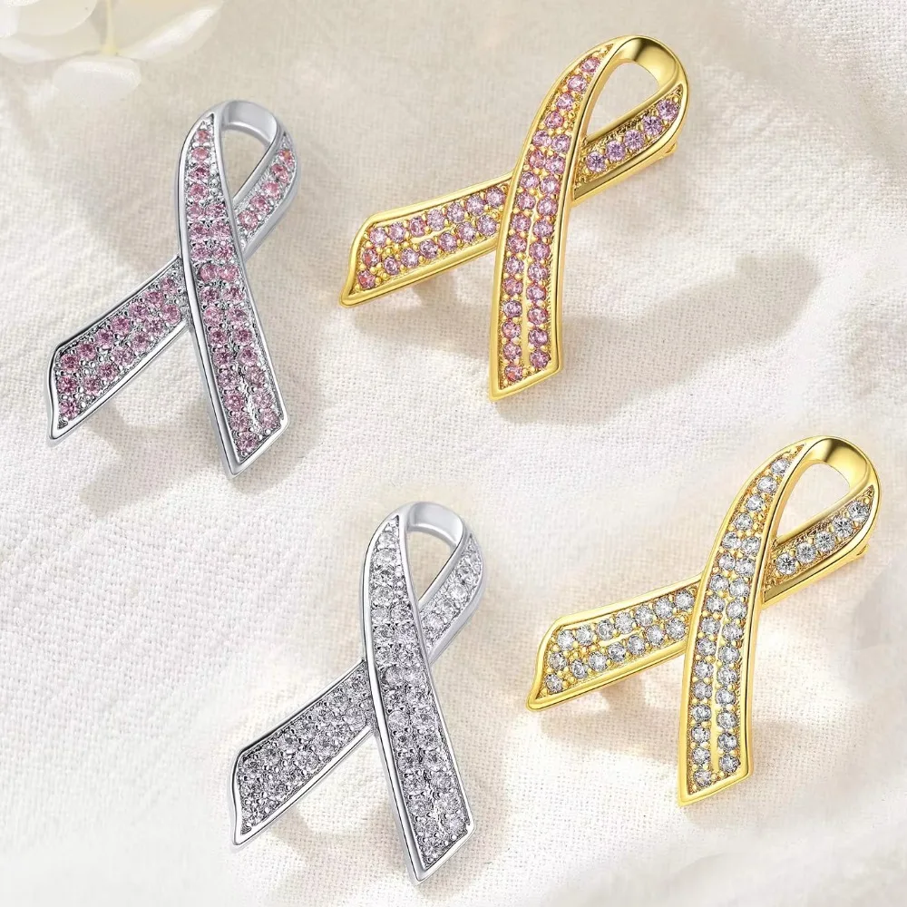 U7 Breast Cancer Awareness Pink Ribbon Brooches for Women White Cubic Zirconia Pin Classic Sign Symbol Unisex Jewelry B120