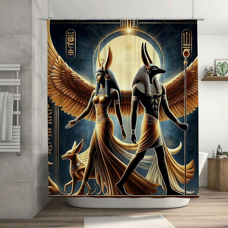 

Занавеска для душа на египетской тематике с богами Анубиса и Исиды в золотом и черном декоративном аксессуаре для ванной комнаты для украшения дома