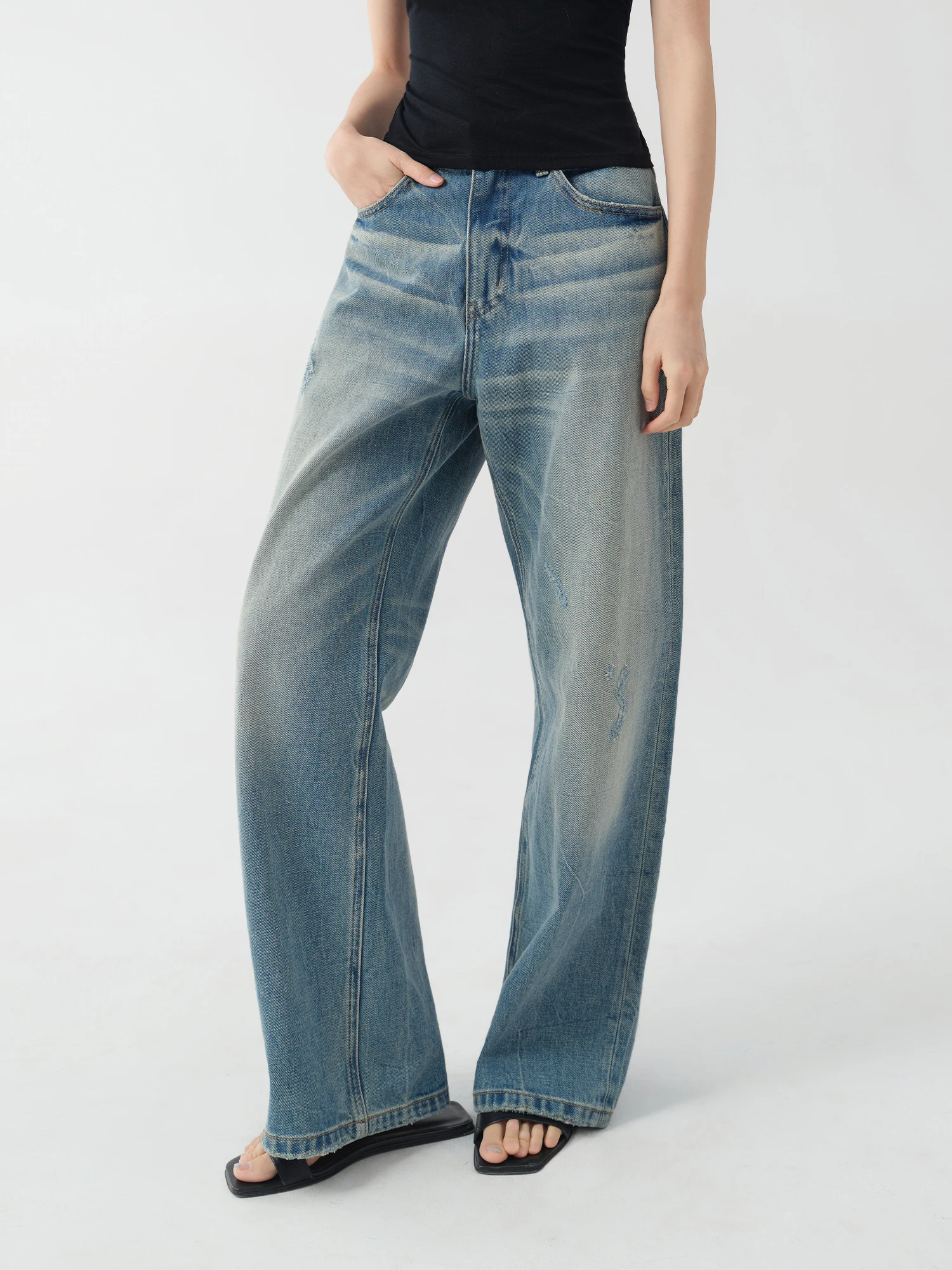 

Waed Cotton Straight Leg Jeans Women's Vintage Jeans Loose Fit mid Waist ket Detail Pure Color Commute Friendly