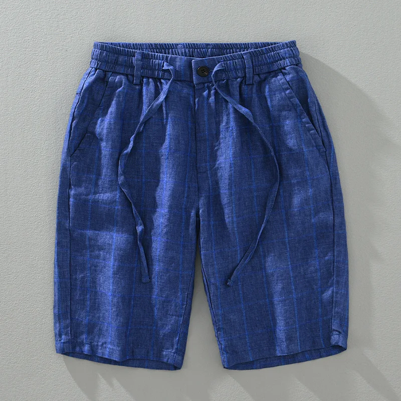 Checkered Plaid Shorts for Men Pure Linen Casual Elastic Waist Button Up Short Pants 2024 Summer New