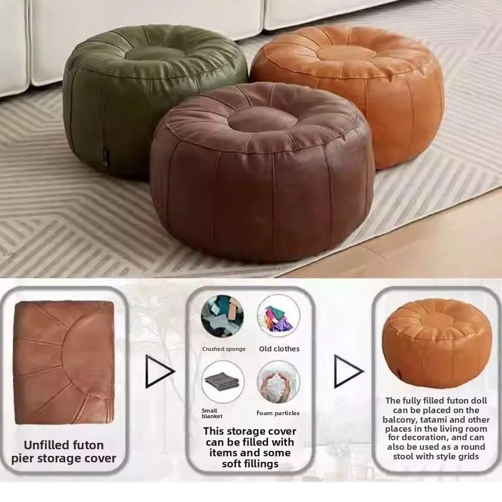 PU Leather Unstuffed Storage Leg Bench Need to Fill Clothes Round Clothes Storage Chair Non-Slip Minimalist Storage Pouf image 2