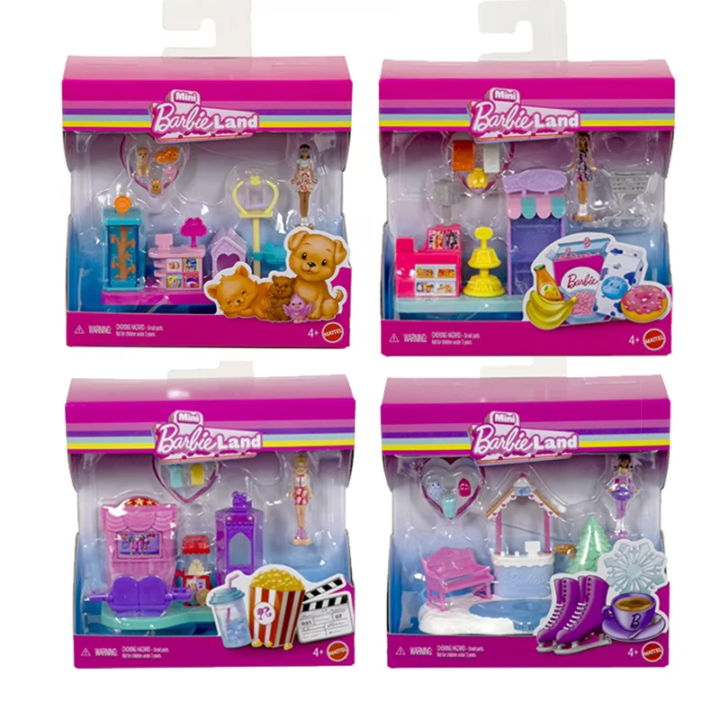 Original Barbie 1,5 pulgadas muñeca Mini Barbieland hielo campo de nieve hamburguesa tienda de mascotas supermercado juguetes para niña accesorios casa en miniatura
