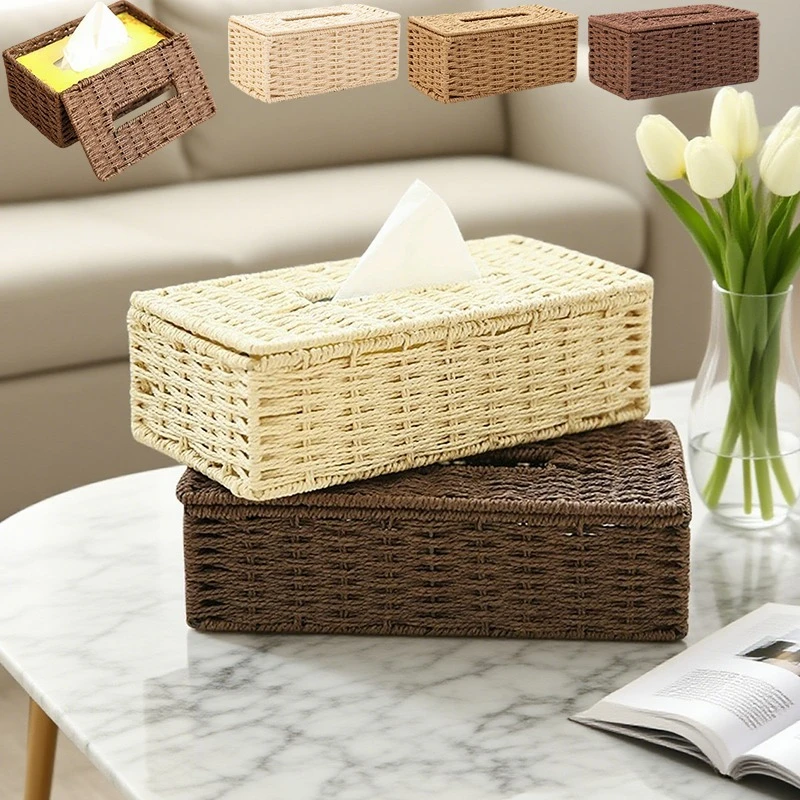 

1PC Rattan Handmade Knitting Tissue Box Vintage Napkin Holder for Barthroom Kitchen Home Hotel and Office Home Storage Decor