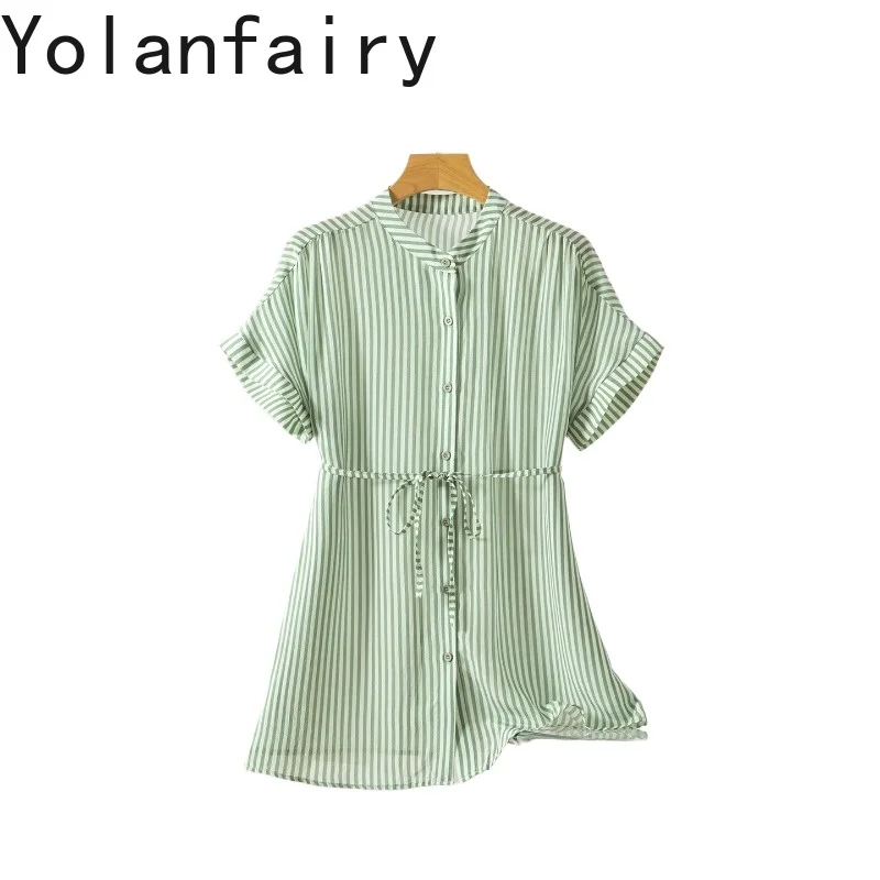 

YOLANFAIRY 100% шелковые рубашки из тутового шелка для женщин, блузка из натурального шелка двойного крепового плетения, элегантная женская блузка с завязками, зеленая в полоску