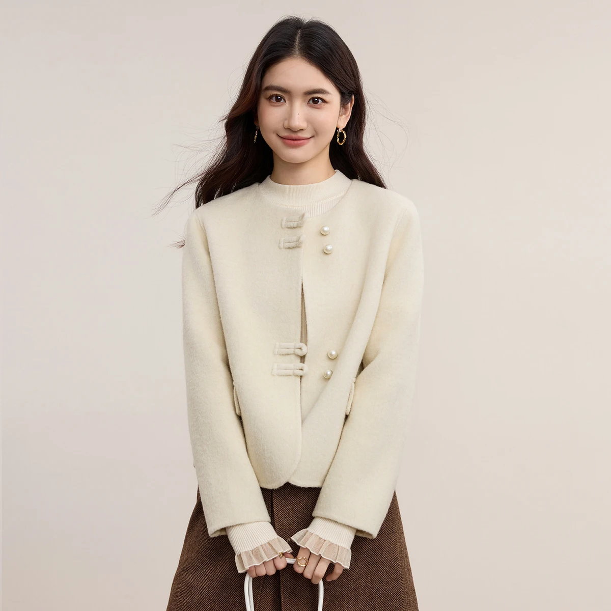 SENTUBILA Women's Autumn Jacket 2026 Chinese Style Double-Faced Wool Coat Pearl Button Long Sleeve Female Outerwear W54OG3092
