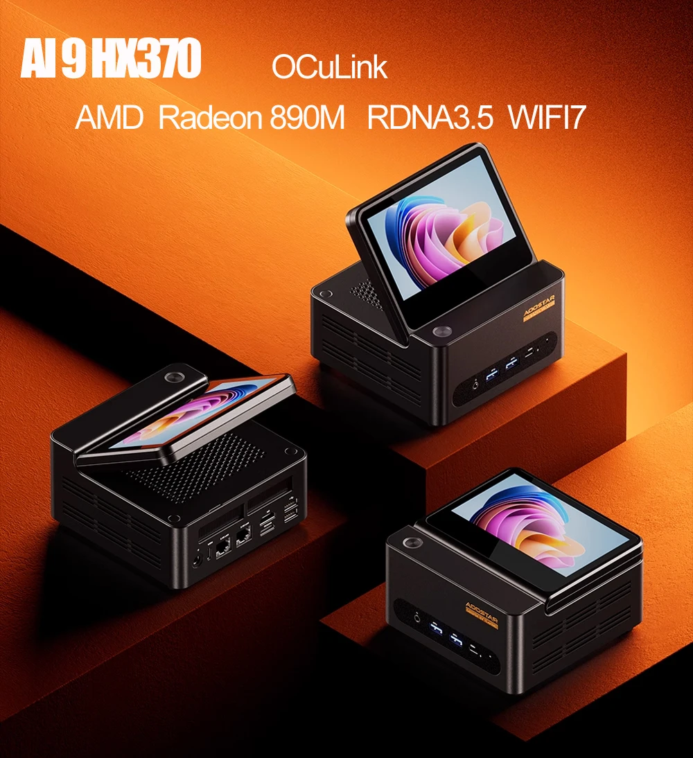 Aoostar AI Gamer Mini PC G-FLIP AMD Ryzen AI9-HX370 5 "Schermo ribaltabile USB4 OCuLink WiFi7 Computer desktop da ufficio 2x2.5G LAN USB3.2