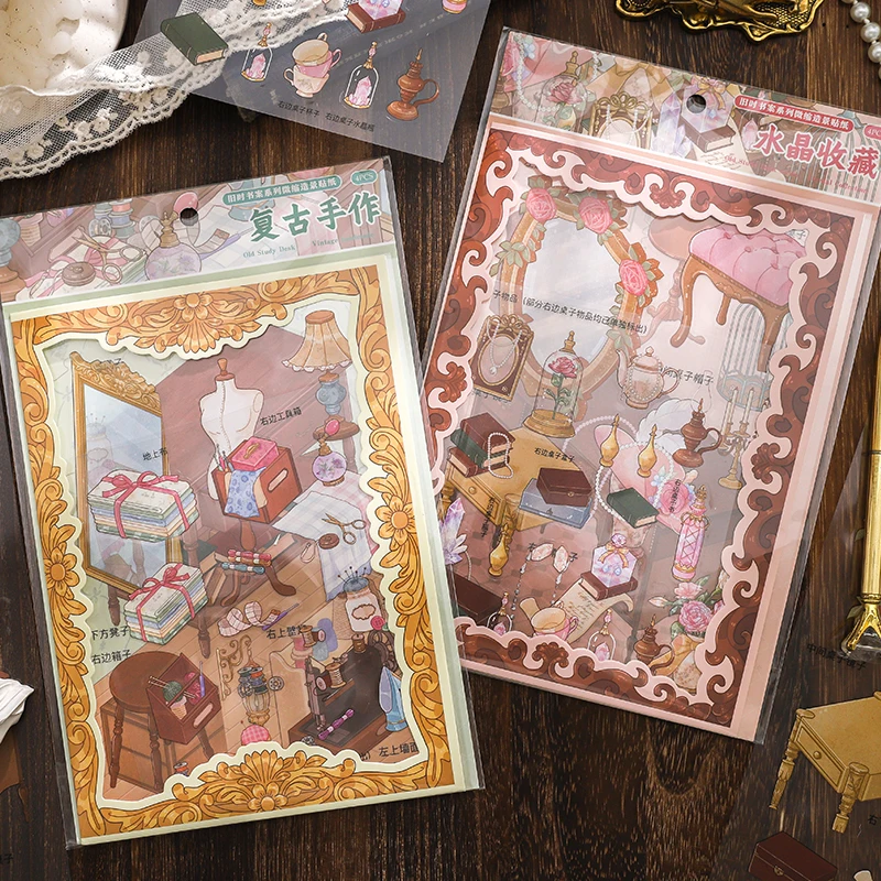

4pcs Old Study Desk Stickers - Vintage Desk Diorama Design, Nostalgic Journal Decor, Creative DIY Collage Materials