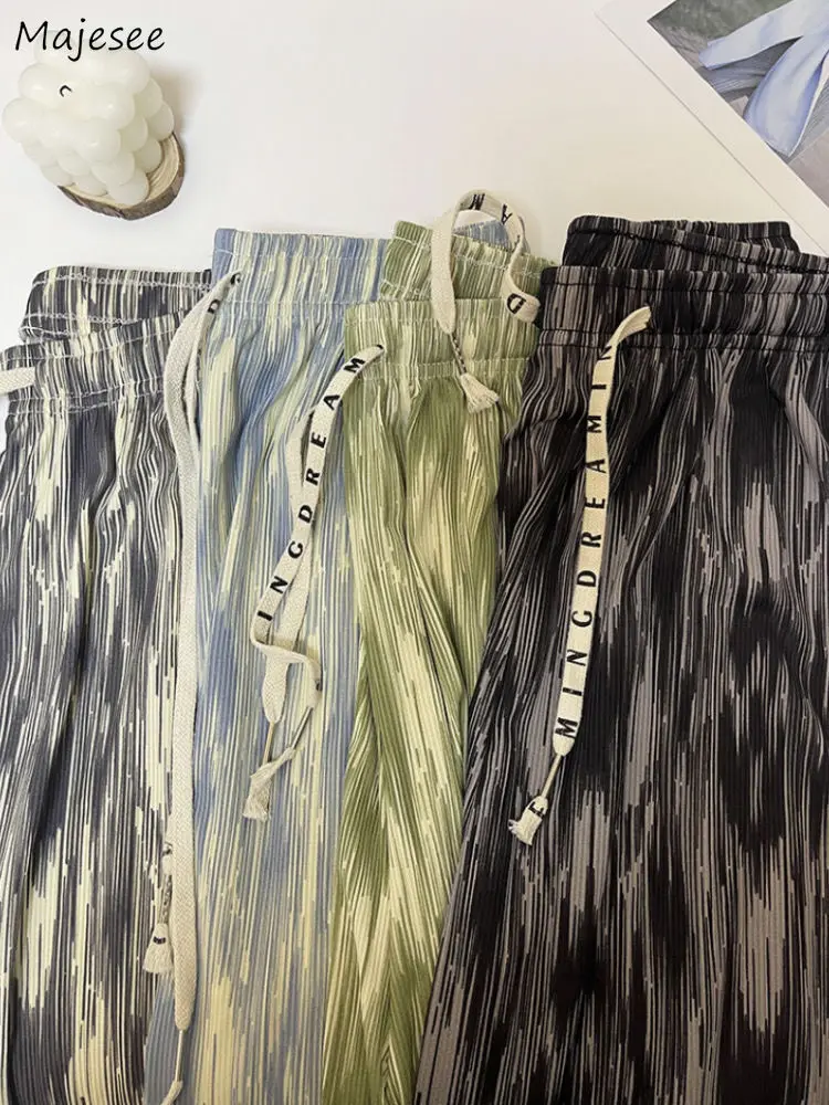 

Wide Leg Summer Pants Women Tie Dye Folds Harajuku Leisure All-match Drawstring Designed Chic Full Length Popular Ins Hot Simple