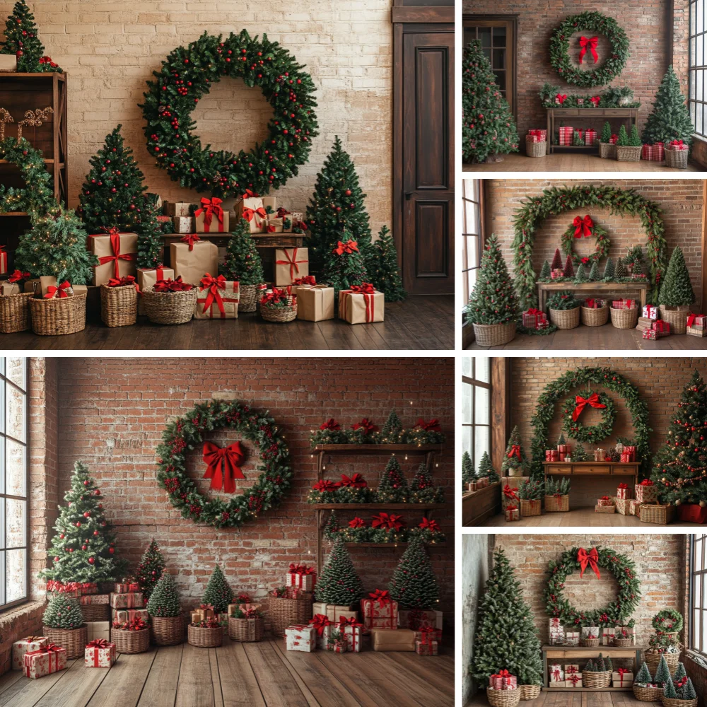 Farmhouse Style Christmas Brick Wall Background Cloth Wreath Mini Tree Gift Box For Family Baby Holiday Studio Shooting Decor