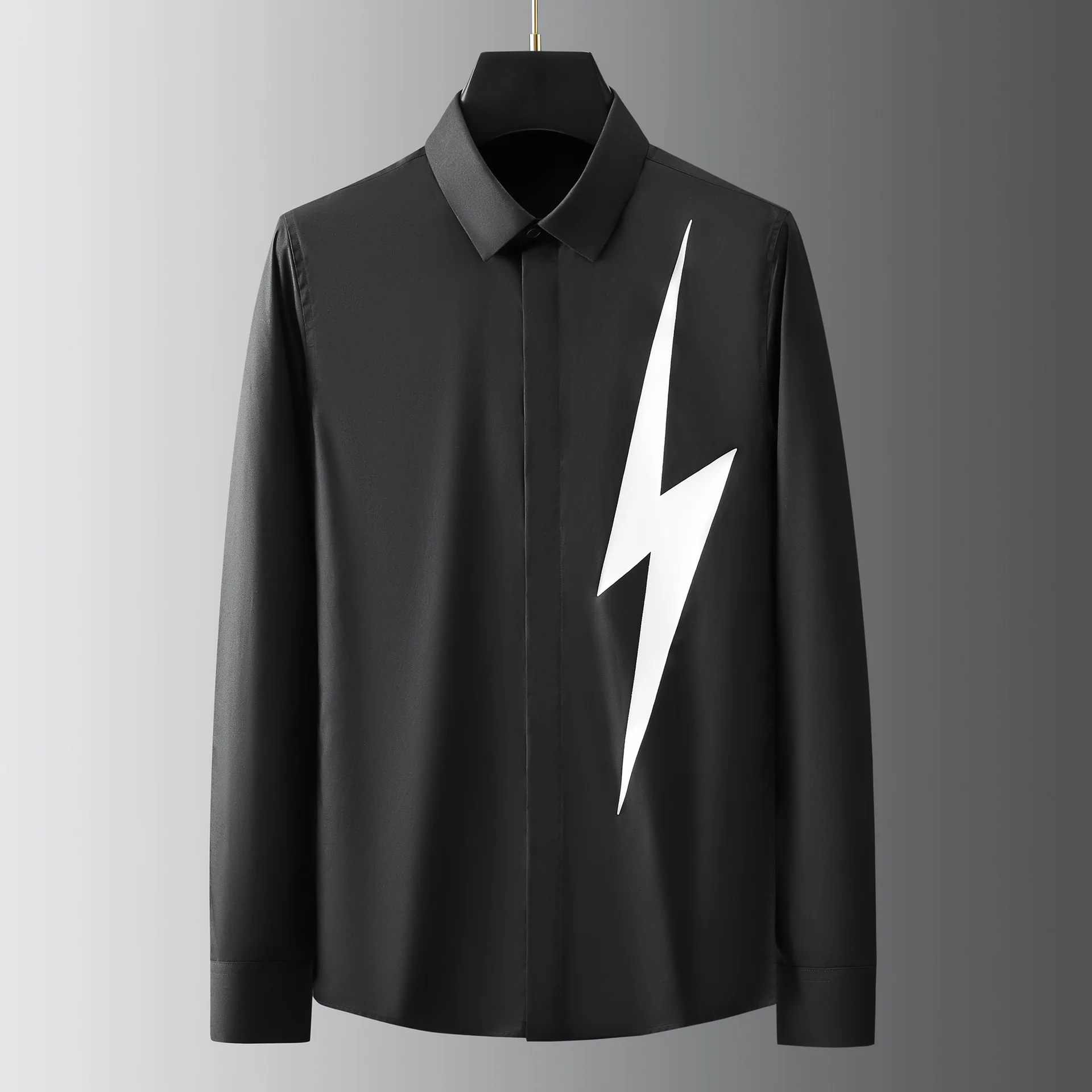 

New Personalized Lightning Engraving Film Pressure Glue Trendy Men's Long Sleeve Slim Fit Casual and Handsome Shirt