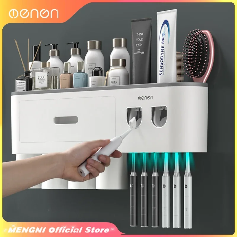 

MENGNI-Magnetic Adsorption Inverted Toothbrush Holder Wall -Automatic Toothpaste Squeezer Storage Rack Bathroom Accessories