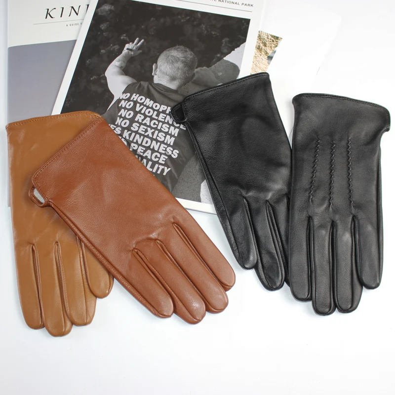 Gants de conduite en peau de mouton pour hommes, documents solides, fins, simples, en cuir, sans doublure, à écran tactile, à la mode, ondulations, gants de moto