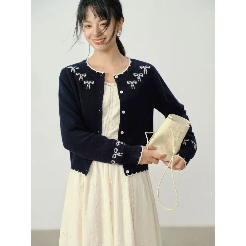 

Bow Jacquard Round Neck Knit Sweater for Women Knitted Cardigan Spring Autumn Sweet Soft Coat Top Long Sleeve Coat Short Jacket