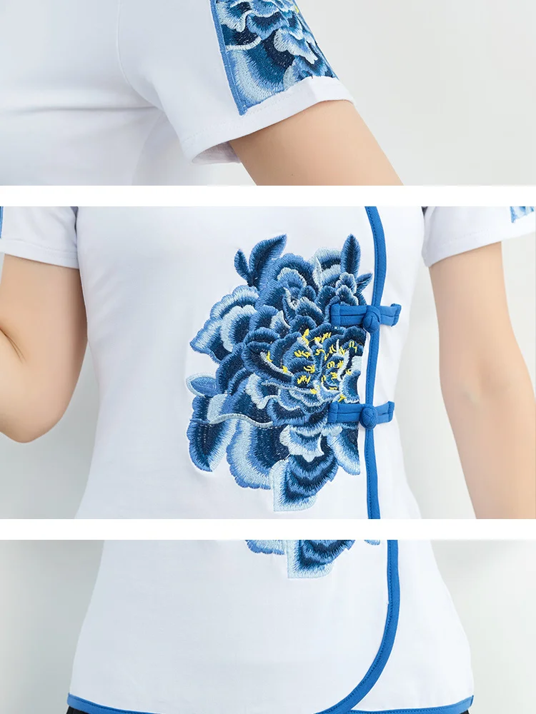 Cseta de Verano de Aodón con Bordado, Manga Corta, Corte Ajustado para Mujer, Estilo Vintage, Cuello Alto con Botones, B...