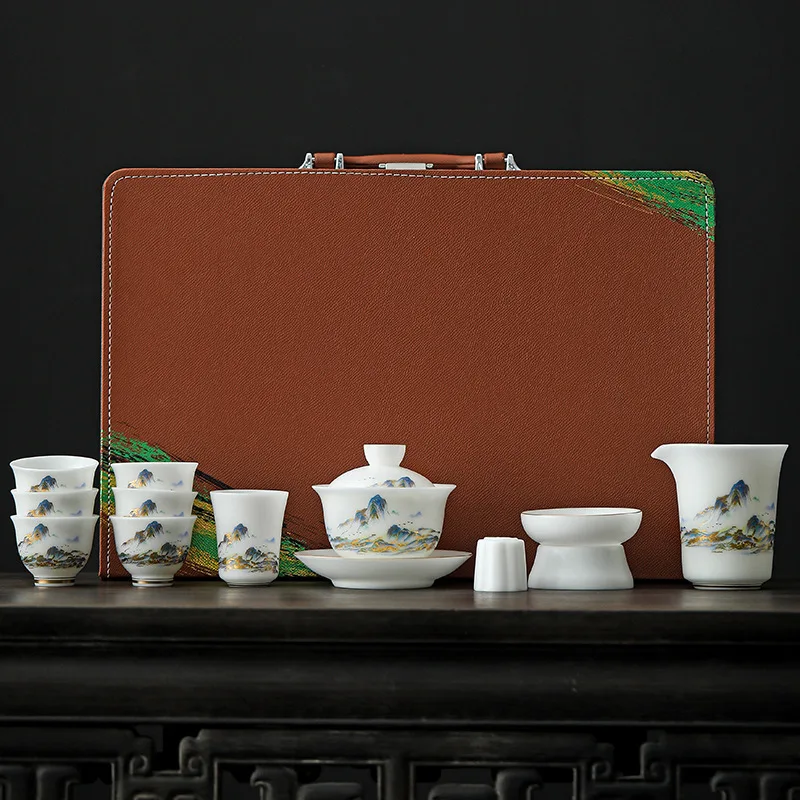 Ice Jade Porcelain Vegetarian Tea Set Cover Bowl Suet Jade High-end Ceremonial Porcelain Thousand Miles Jiangshan Tea Set