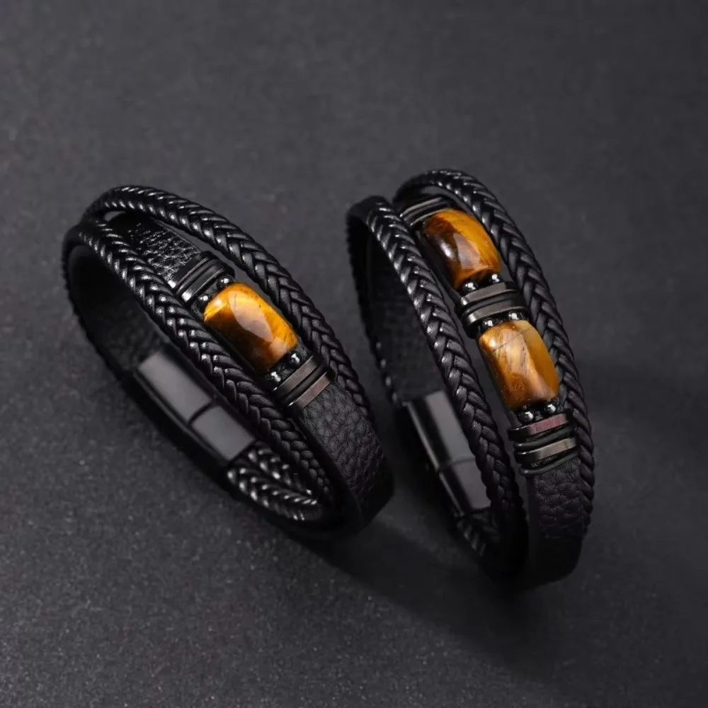 Men's Bracelet Multi-Layer Tiger Eye Stone Bracelet Braided Adjustabl Leather Bracelet Retro Handmade Beaded Bracelet Women