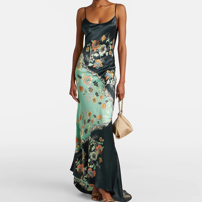 Vintage Pattern Printed U Collar Halter Dress Temperament Lady Sleeveless Fit Satin Dress Elegant Backless Pleated Evening Dress