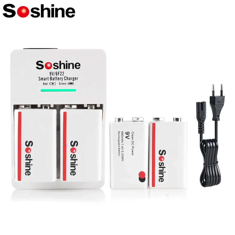 Soshine 4PC 9V 6F22 680mAh Rechargeable Battery and 2 Slots Smart EU US Battery Charger Ni-MH  Li-ion LiFePO4 Batteries Charger