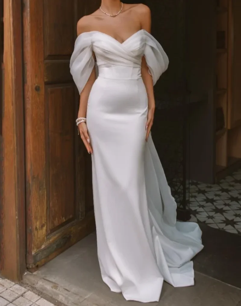 

Elegant Sweetheart Mermaid Wedding Dress Off The Shoulder Open Back Women White Satin Bridal Gown Sweep Train Vestidos