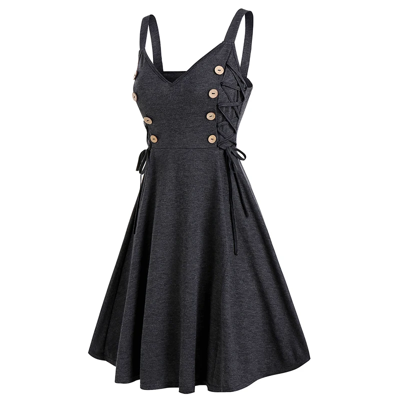 Dressfo Women's Dress Mock Button Side Lace Up Sweetheart Neck Mini Cami A Line Dress