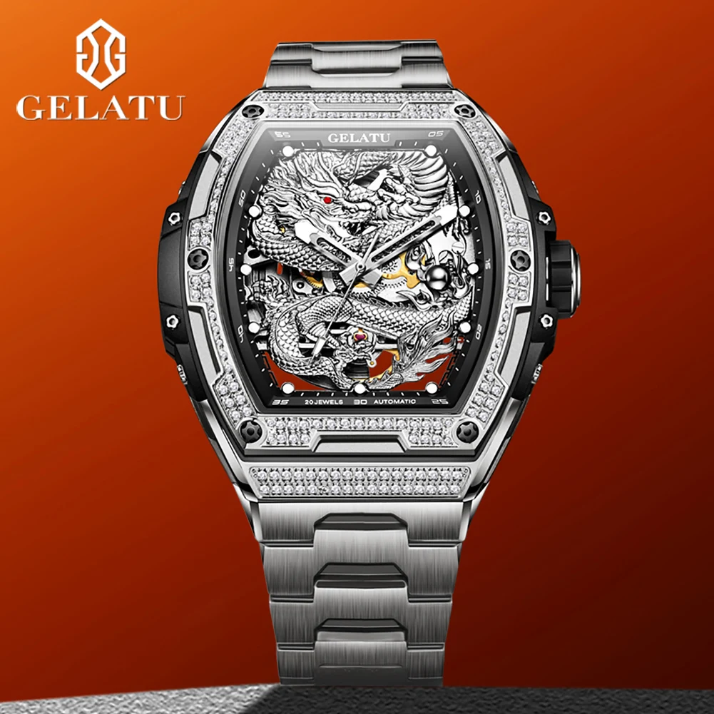 GELATU 6021 Top Brand Mens Watch Silver Dragon Fashion Luxury Full Diamond Automatic Mechanical Watch for Men Hollow NEW
