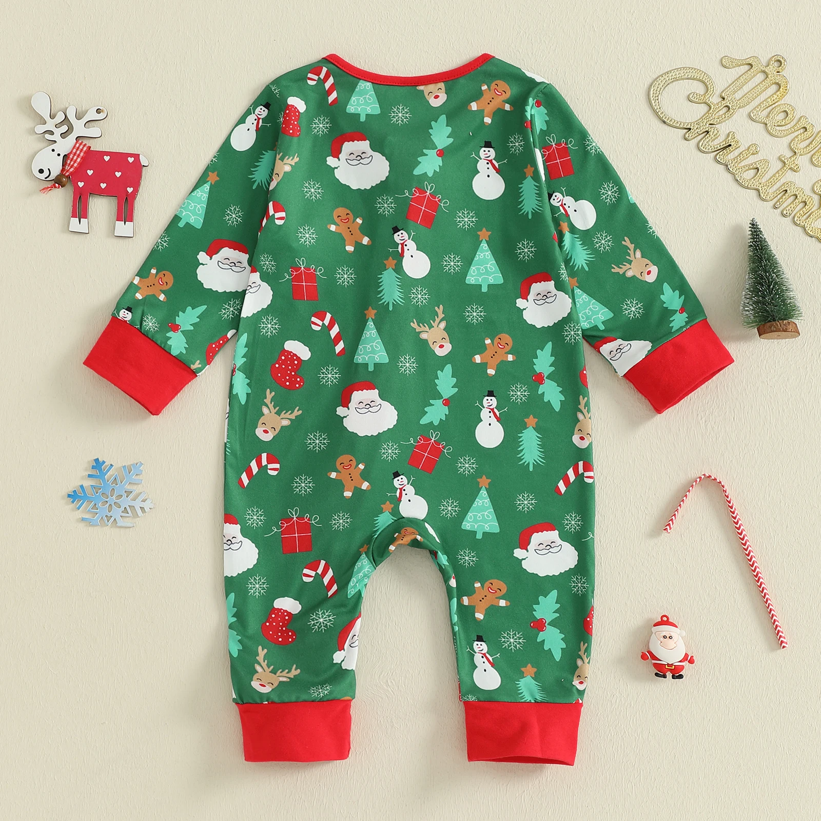 0-12 Months Baby Christmas Romper Reindeer Santa Print Zip Up Long Sleeve Round Neck Jumpsuit