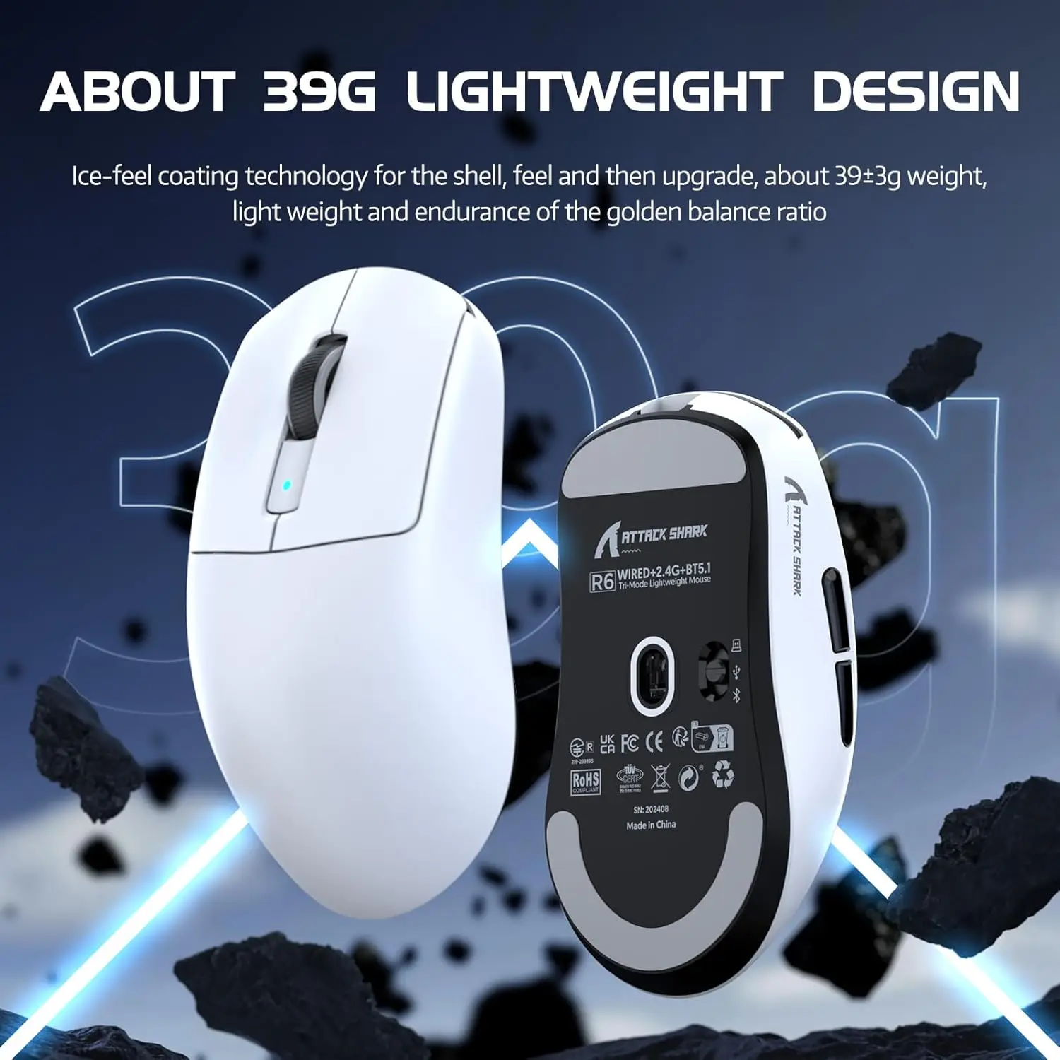 ATTACK SHARK R6 Wireles Gaming Mouse  PAW3950Max8K Polling Rate 42K DPl Nordic 52480, 39g Super-lightweight Optical Mouse