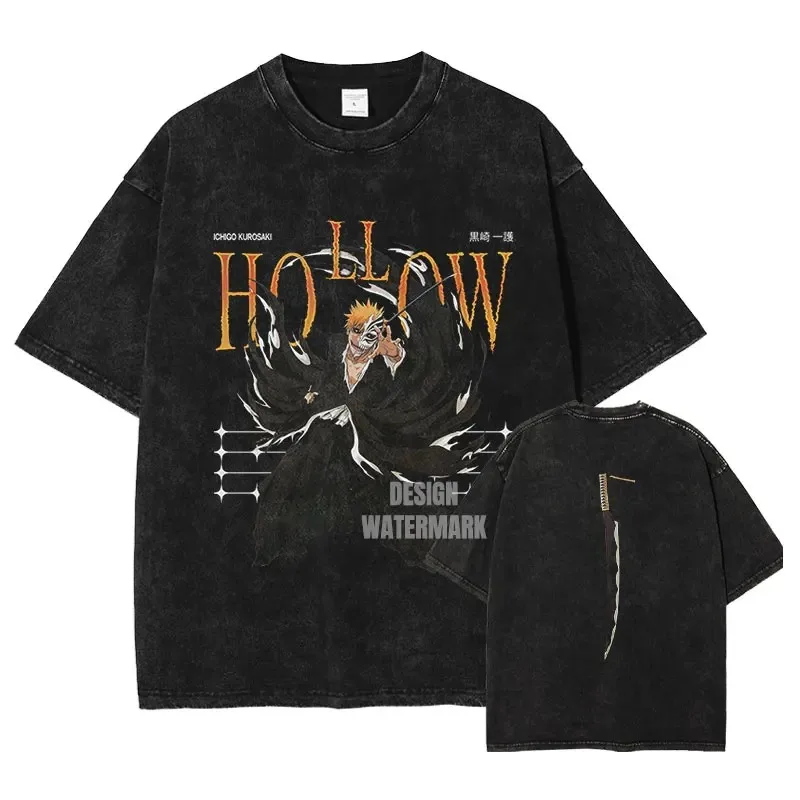 2026 Bleach Ichigo Hollow Double Sided Anime Graphic Vintage Washed T-Shirt Oversized Y2K Cotton Tee For Anime Enthusiasts