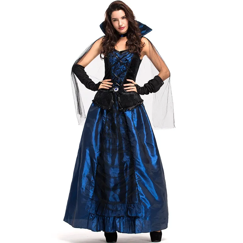 

Halloween Evil Queen Of Vampire Medieval High Stand Collar Blue Gothic Costume