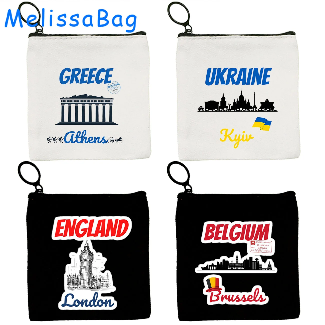 Greece Vienna Belgium Egypt London Finland France Berlin Budapest Iceland Bahamas Kyiv Gift Canvas Coin Purse Key Case Bag Pouch