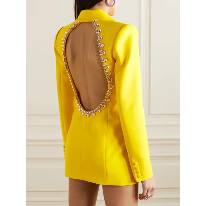 

Yellow Backless Diamond Suit Dress, New Fashionable and Personalized Backless Beaded Mid Length Suit Jacket for Women