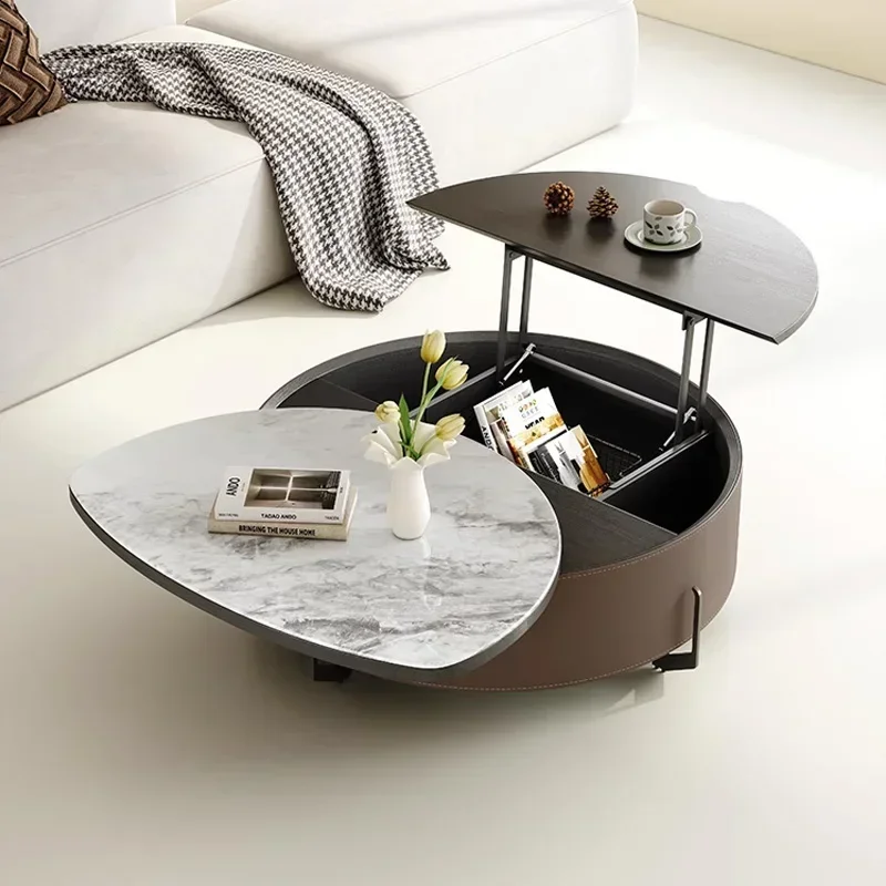 

Italy Design Swivel Sintered Stone Tabletop Center Console Table Wooden Multifunction Rotating Lift Center Coffee Table