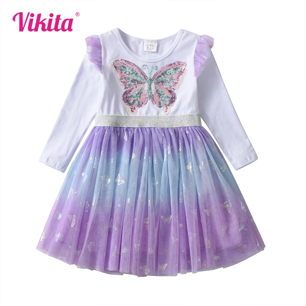 

VIKITA Girls Butterfly Sequined Appliqued Dress Kids Autumn Spring Flare Sleeve Gradient Patchwork Princess Party Tulle Dresses