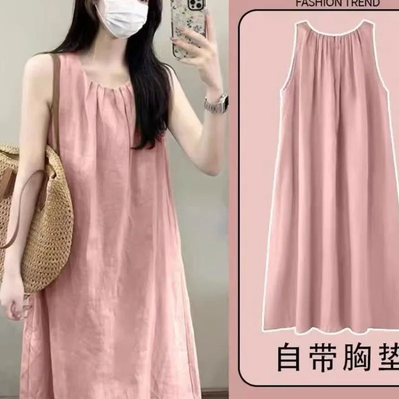 Woman Summer Camisole Nightgown Chest Pad Loose-fitting Tank Ladies Loungewear Girl Student Dress Worn Outside Women Home Dress